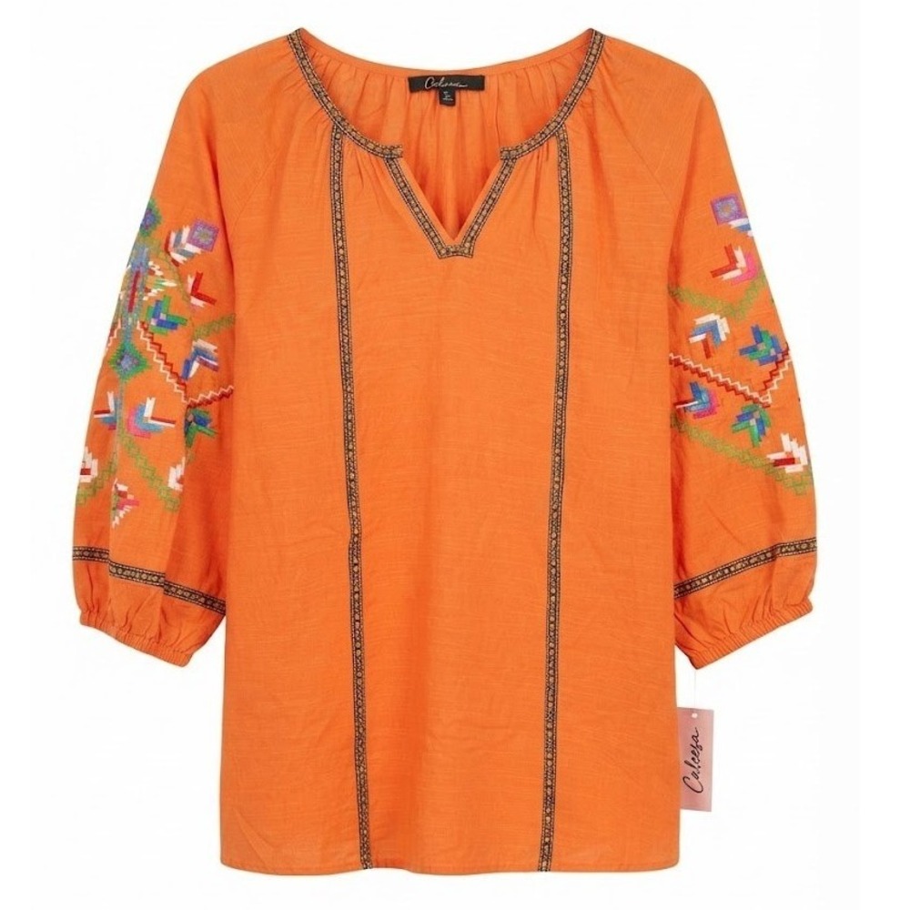 NEW Calessa Womens Plus 1X Orange Embroidered Cotton V-Neck Boho Blouse - IW